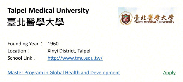 Taipei Medical University, Taipei-shows address, logo & clickable link