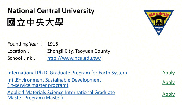 Naitonal Central University, Taoyuan-shows address, logo & clickable link