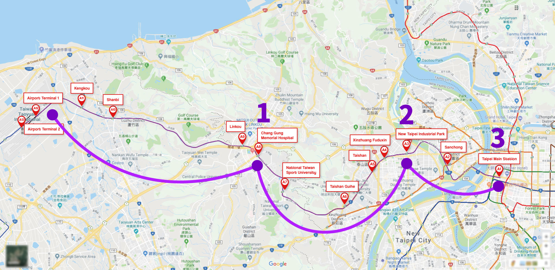 Map from Taoyuan Airport to Taipei