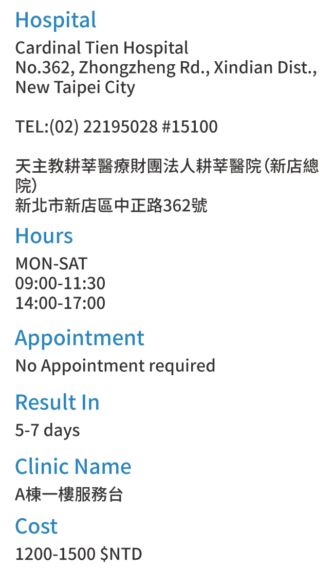 New Taipei City, Taiwan Health Check Hospitals Addresses