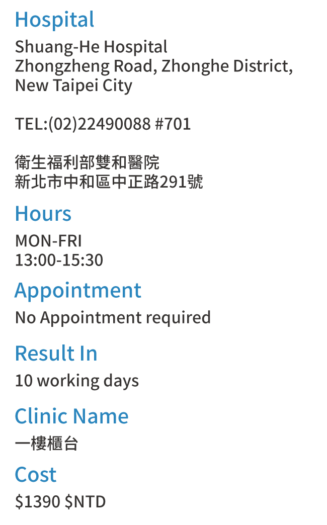 New Taipei City, Taiwan Health Check Hospitals Addresses