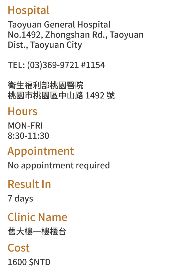 Taoyuan City, Taiwan Health Check Hospitals Addresses