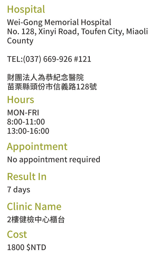 Miaoli County, Taiwan Health Check Hospitals Addresses