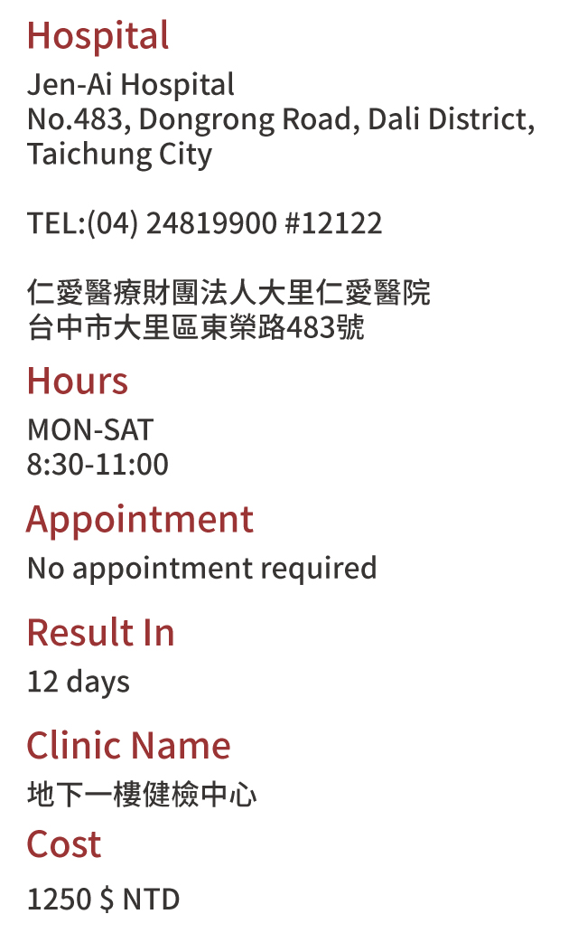 Taichung City, Taiwan Health Check Hospitals Addresses
