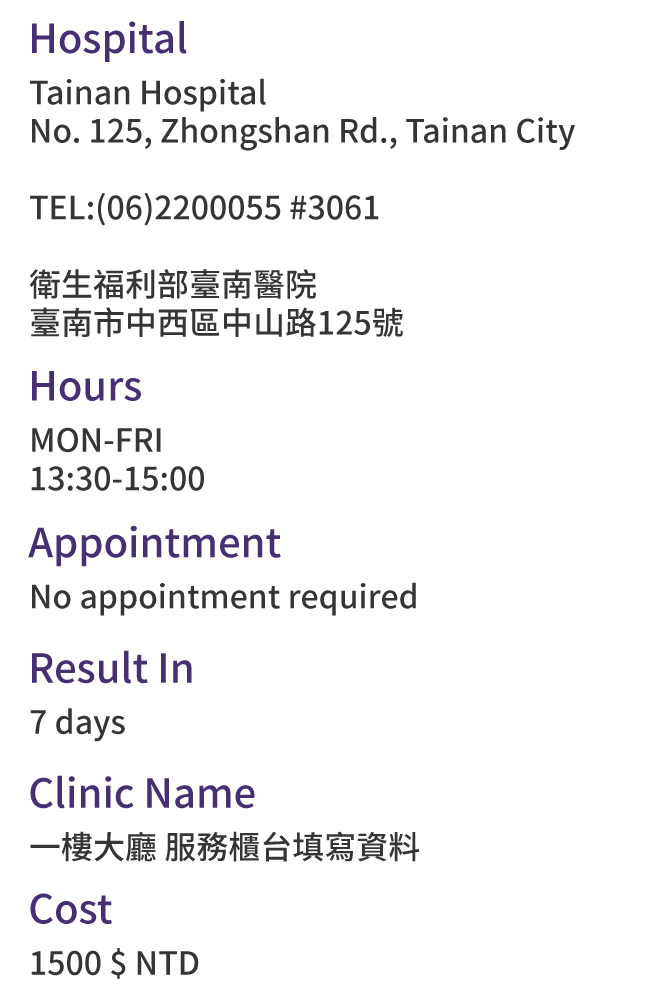 Tainan, Taiwan Health Check Hospitals Addresses