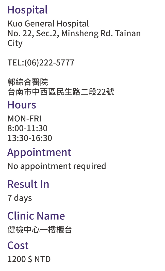 Tainan, Taiwan Health Check Hospitals Addresses