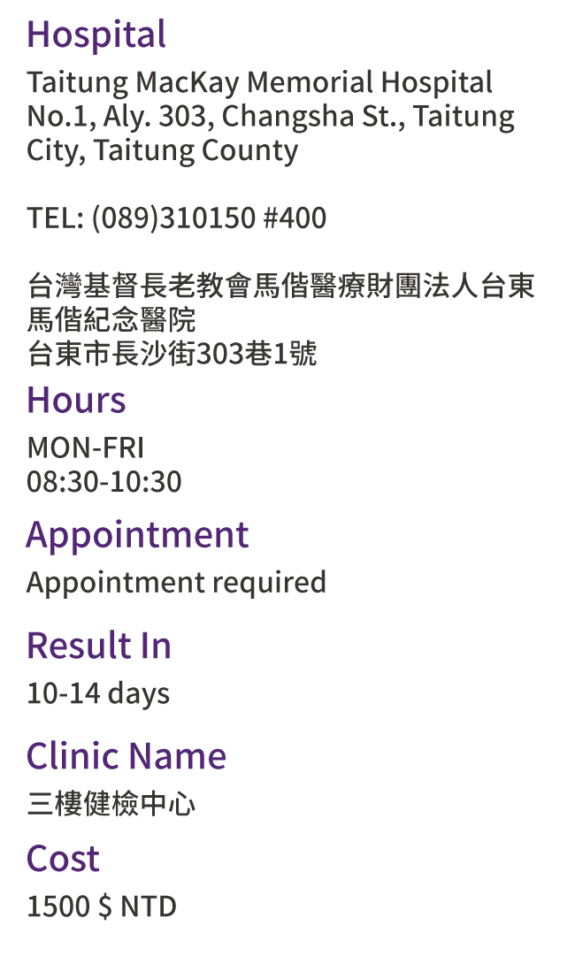 Taitung County, Taiwan Health Check Hospitals Addresses
