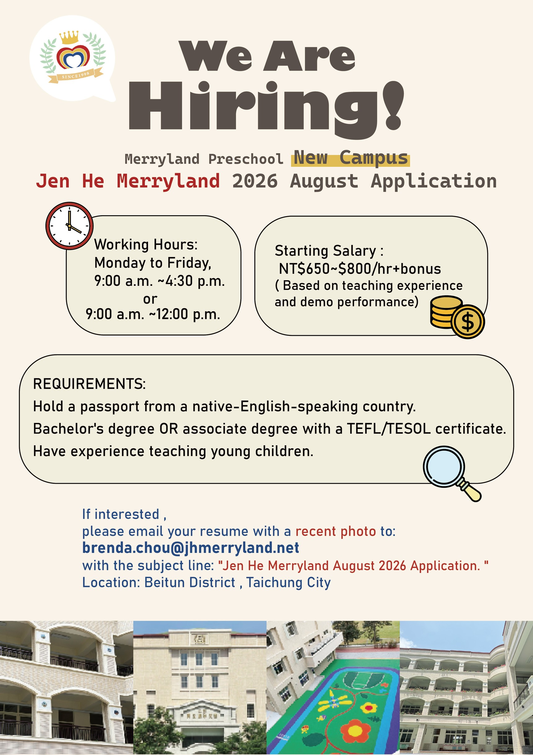 Click to see more image. Teaching English and Living in Taiwan Jobs Available 教學工作, Jen He Merryland Preschool Start your Career with Jen He Merryland Preschool - August 2026 Hiring image